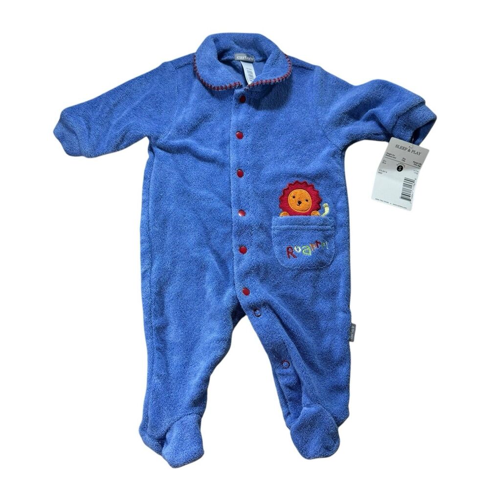 Vintage Carterβs Blue Terry Sleeperβ Snap Footie Lion Roar Applique New S 0-3 M